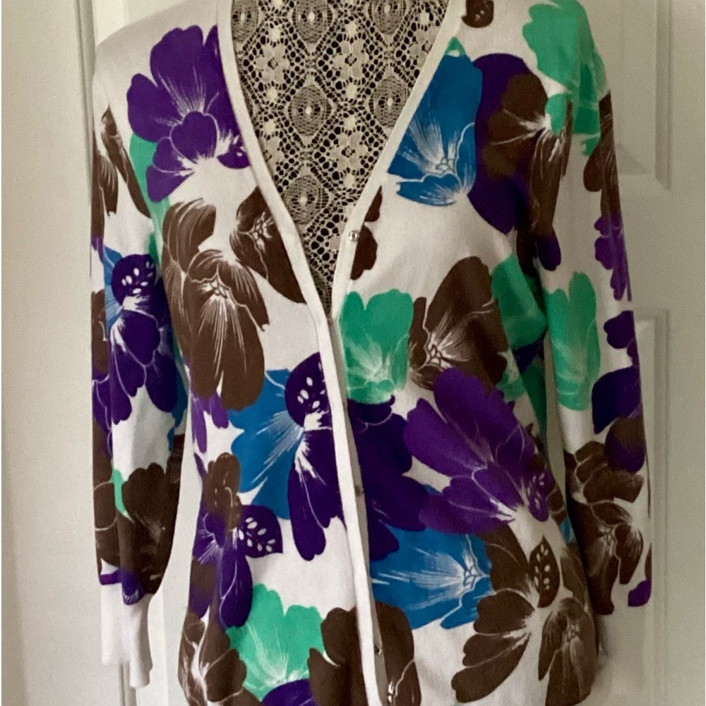 EUC Supersoft TAHARI Rayon Blend Printed Cardigan Sweater, Size M